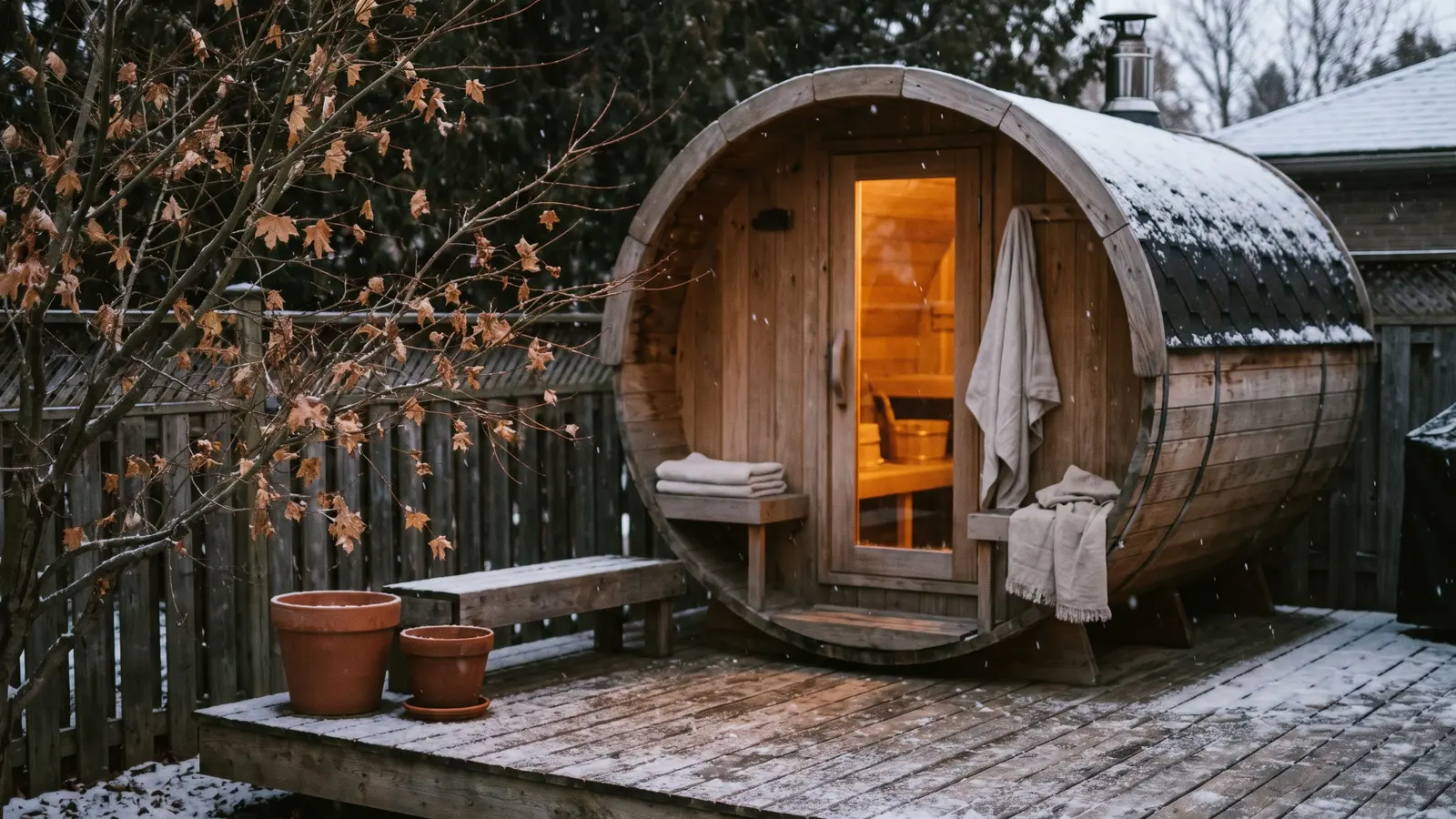 A cedar barrel sauna on a backyard deck at dusk