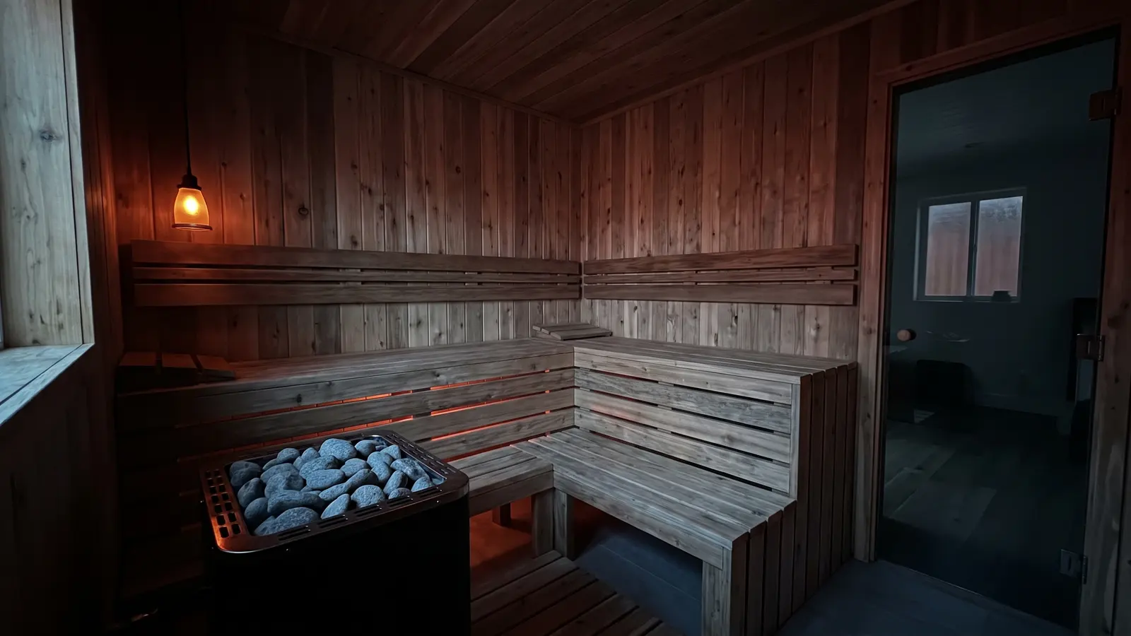 The inside of a cedar-lined home sauna before it is used: tiered pale cedar benches around two walls, a black electric heater full of grey stones in the foreground, and a glass door to a dark room beyond.