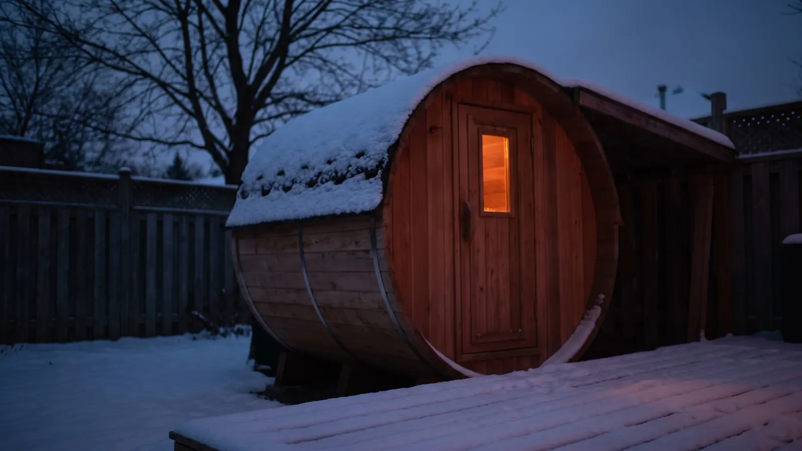 A cedar barrel sauna alone in a snow-covered back yard at blue hour, snow banked on its curved roof, one small amber-lit window in its door and no other light in the yard.