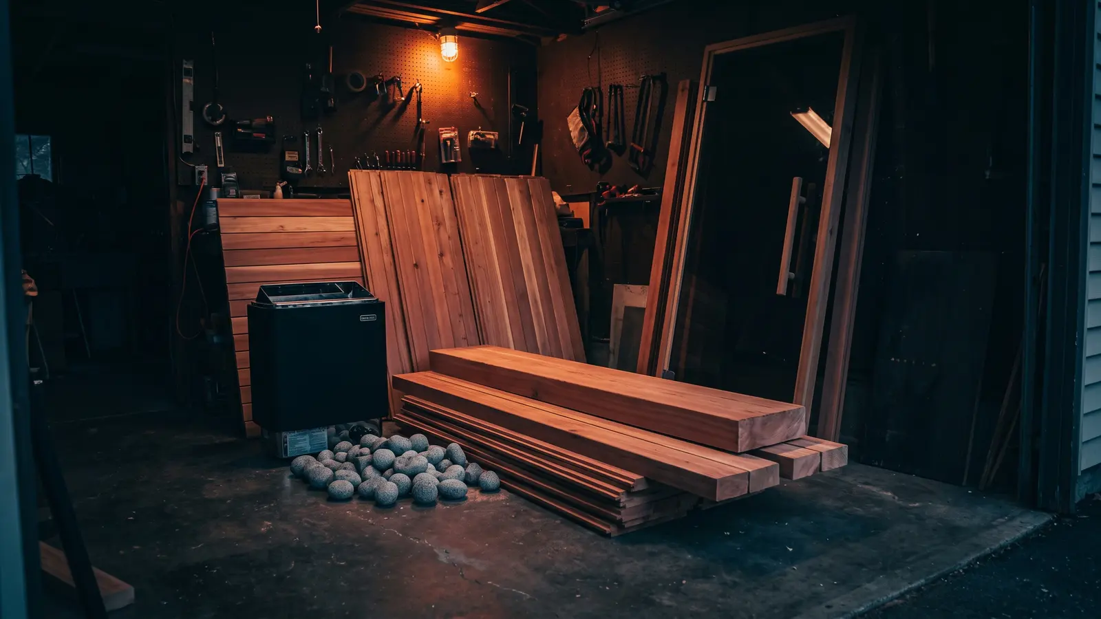 An unassembled sauna kit on a workshop floor: stacked precut cedar wall panels and bench planks, a black heater beside a loose pile of grey sauna stones, and a glass sauna door leaning against the wall.