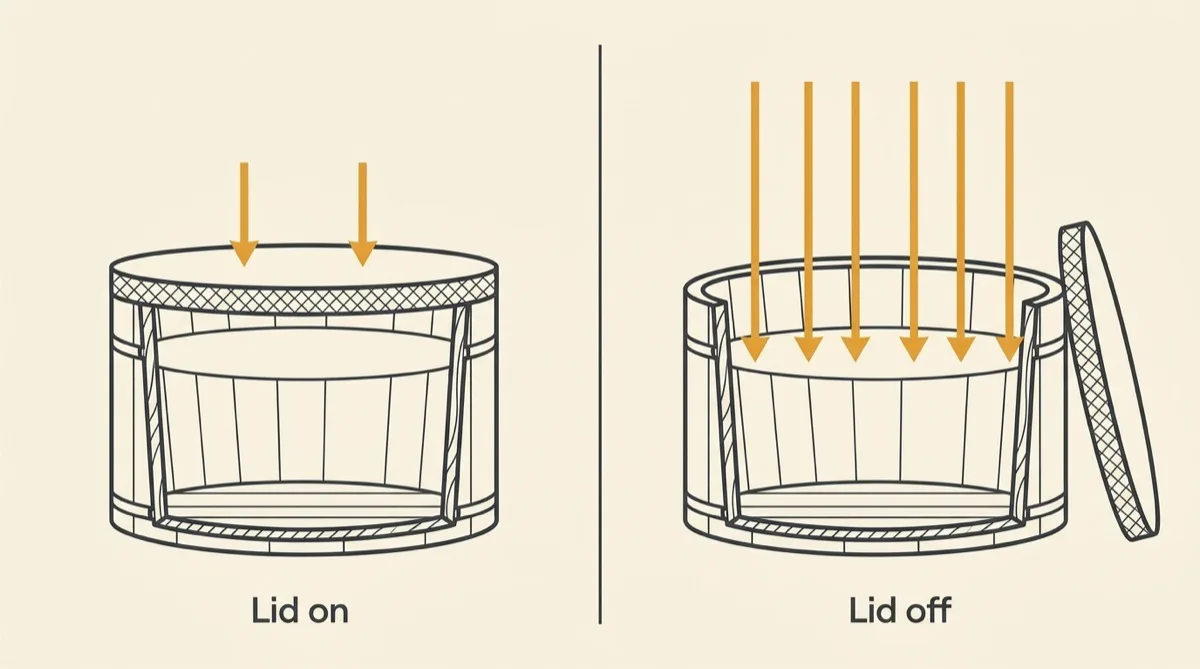 Comparison of a cold plunge tub with its insulated lid closed and the same tub with the lid off, showing how much more warmth reaches the water
