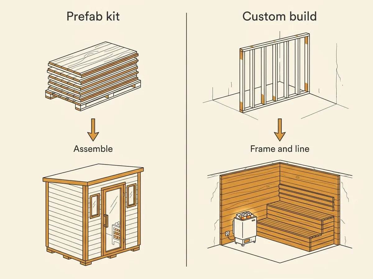 Two routes to a home sauna side by side: flat factory panels assembled into a prefab room, and a room framed and lined with cedar on site