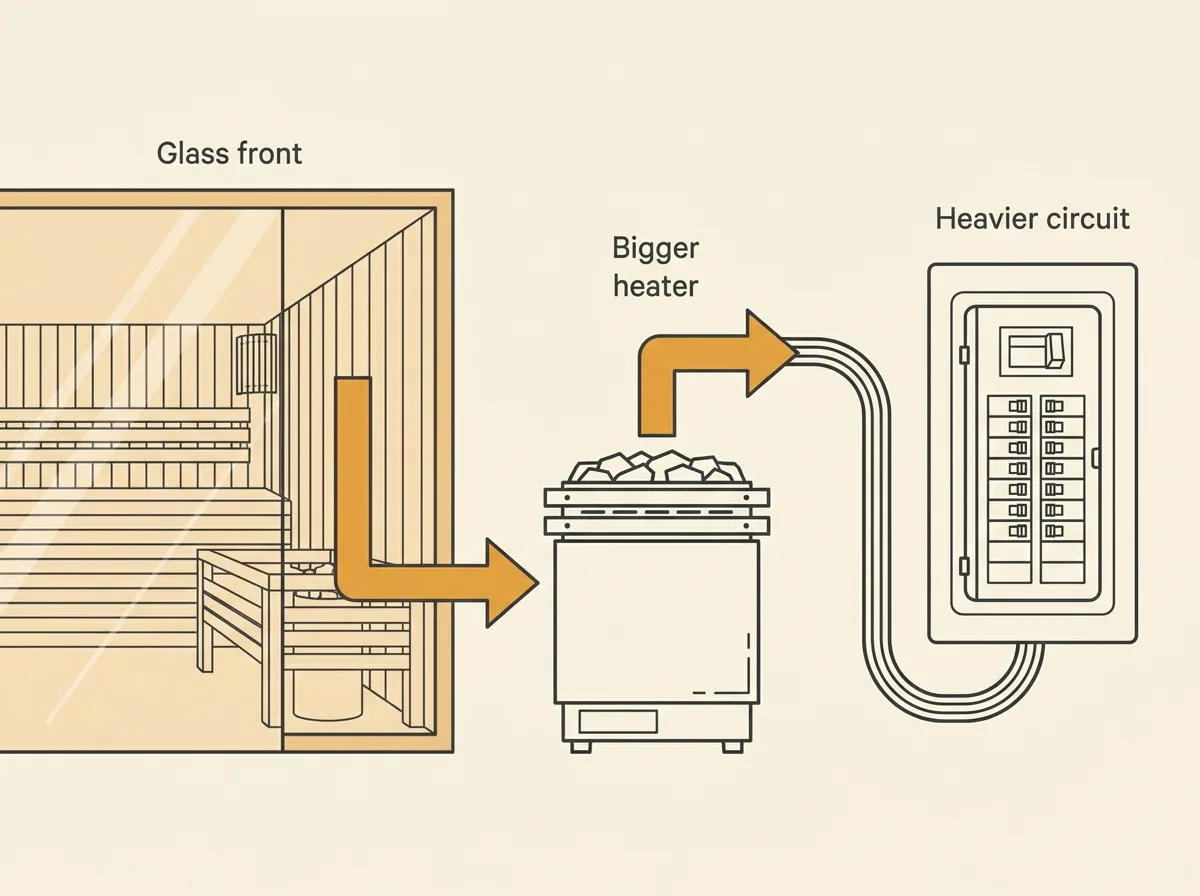 A sauna room with a full glass front, with arrows showing that more glass calls for a larger heater and a heavier circuit from the electrical panel