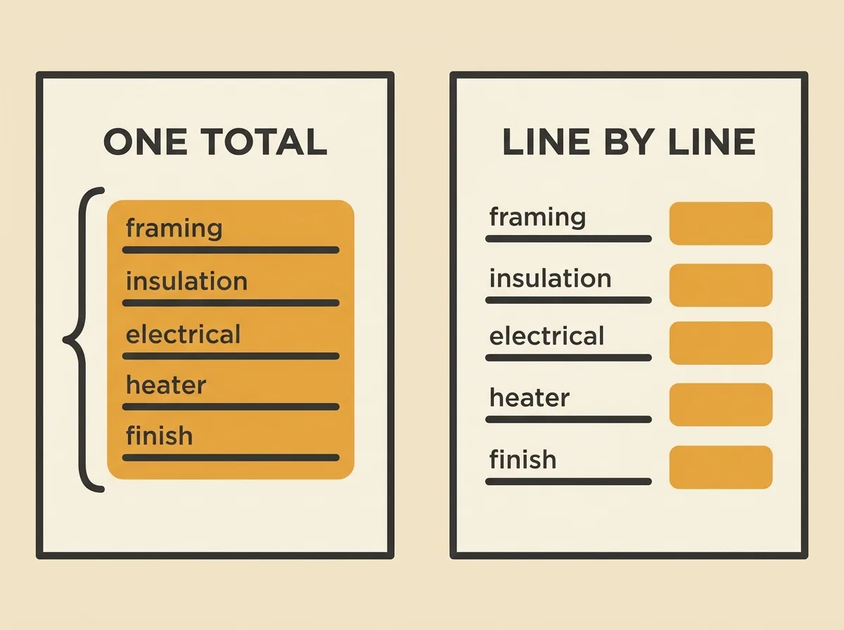Two quote sheets side by side, one showing framing, insulation, electrical, heater and finish inside one total, the other listing the same items as separate lines