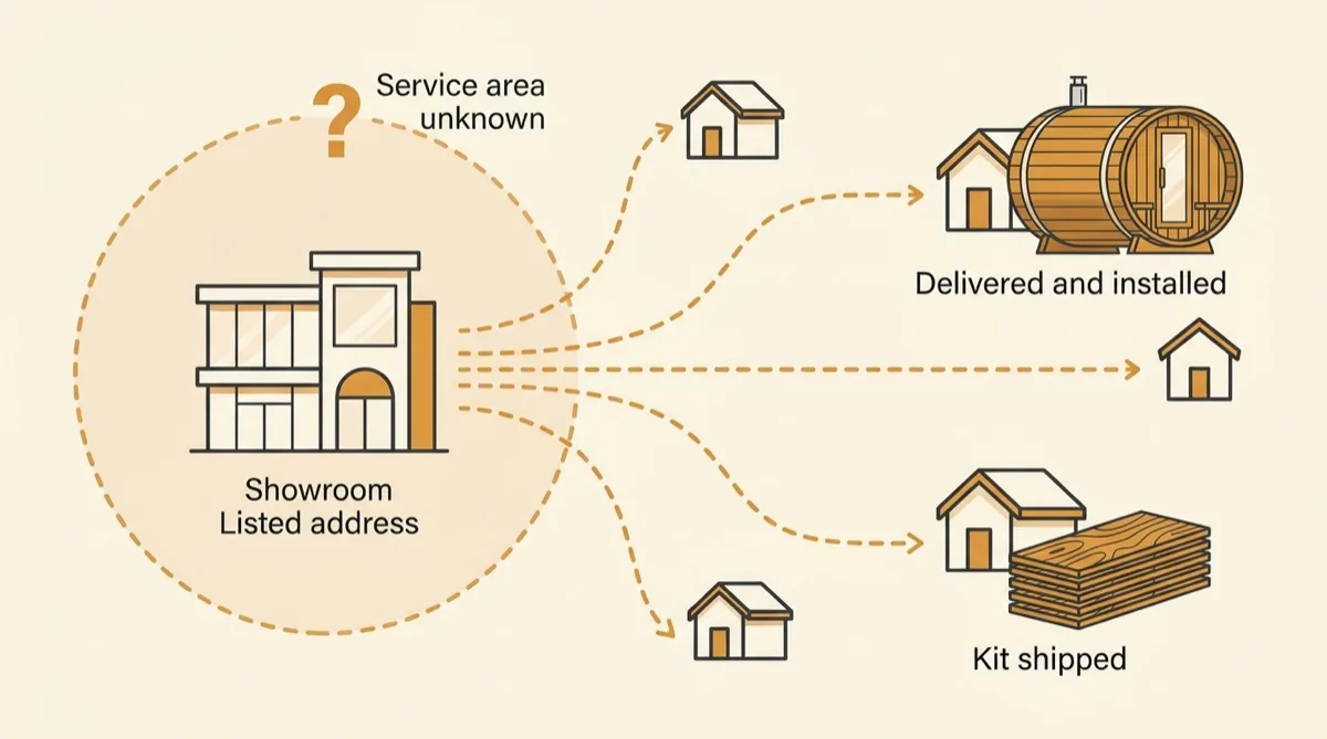A showroom pin with dashed routes of unknown reach to several houses, one route marked delivered and installed and another marked kit shipped