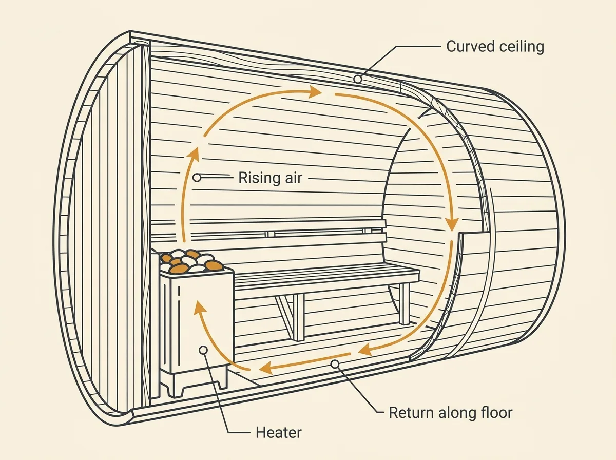 Cut-away diagram of a barrel sauna showing hot air rising at the heater, travelling along the curved ceiling and dropping down the far wall