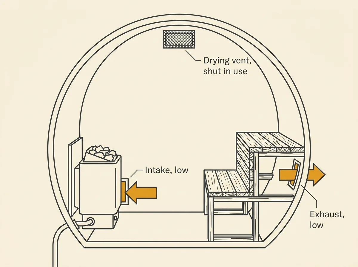 Diagram of barrel sauna vent placement with a low intake beside the heater, a low exhaust on the far wall and a separate high drying vent shown closed