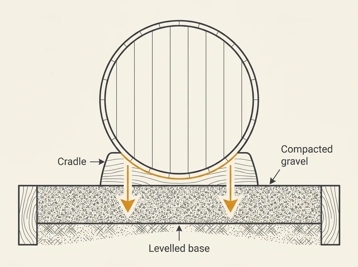 Diagram of a barrel sauna sitting in two curved cradles on a compacted gravel pad, with the narrow contact points marked