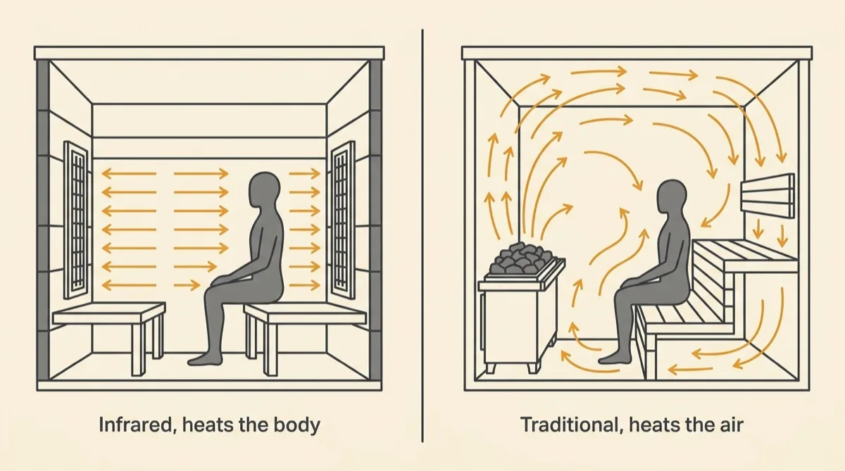 Side by side cross-sections of an infrared cabin heating a seated body directly and a traditional sauna heating the air around it
