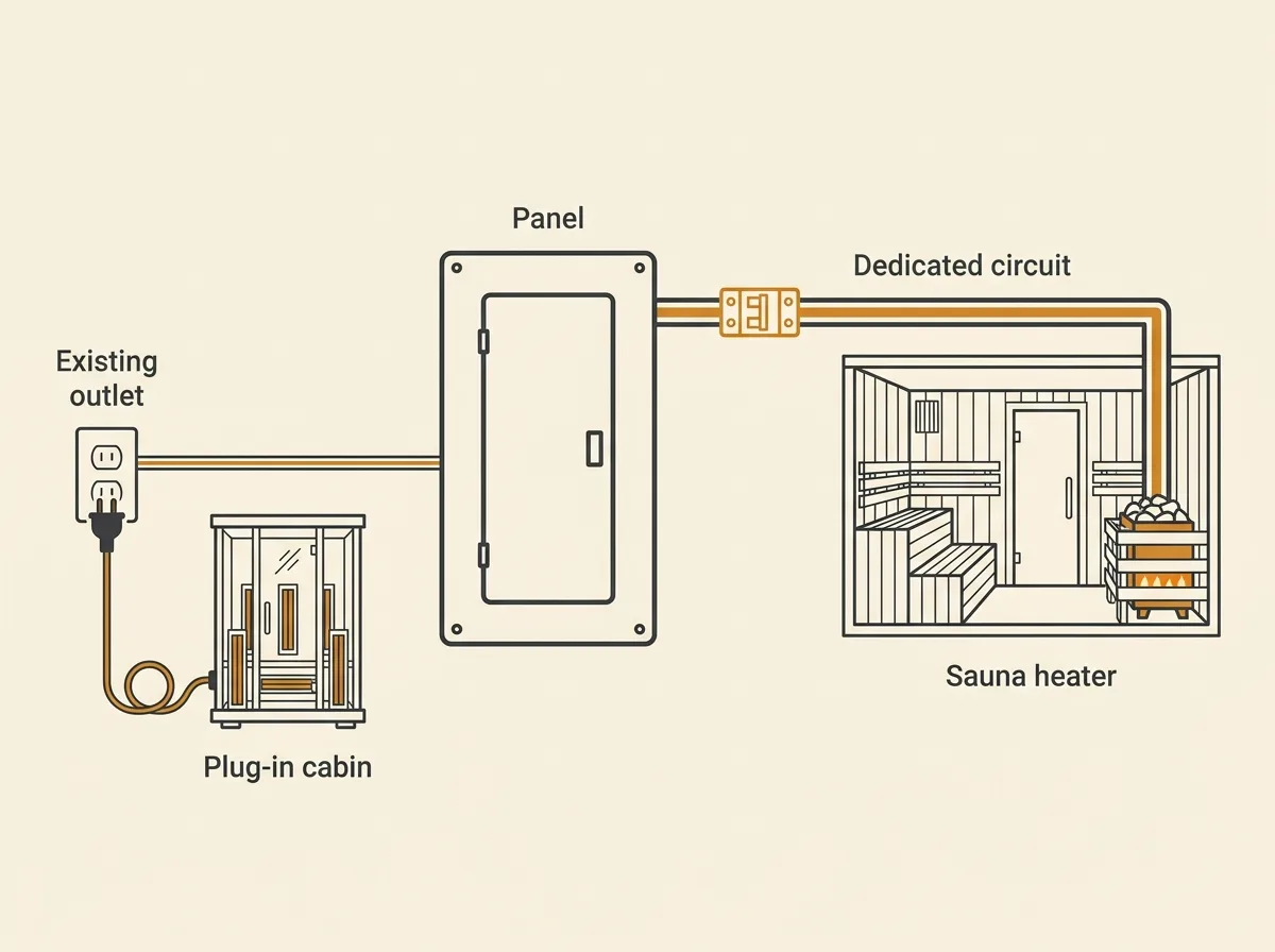 Diagram comparing a plug-in infrared cabin on a 120 volt outlet with a traditional heater on a hardwired 240 volt circuit from the panel