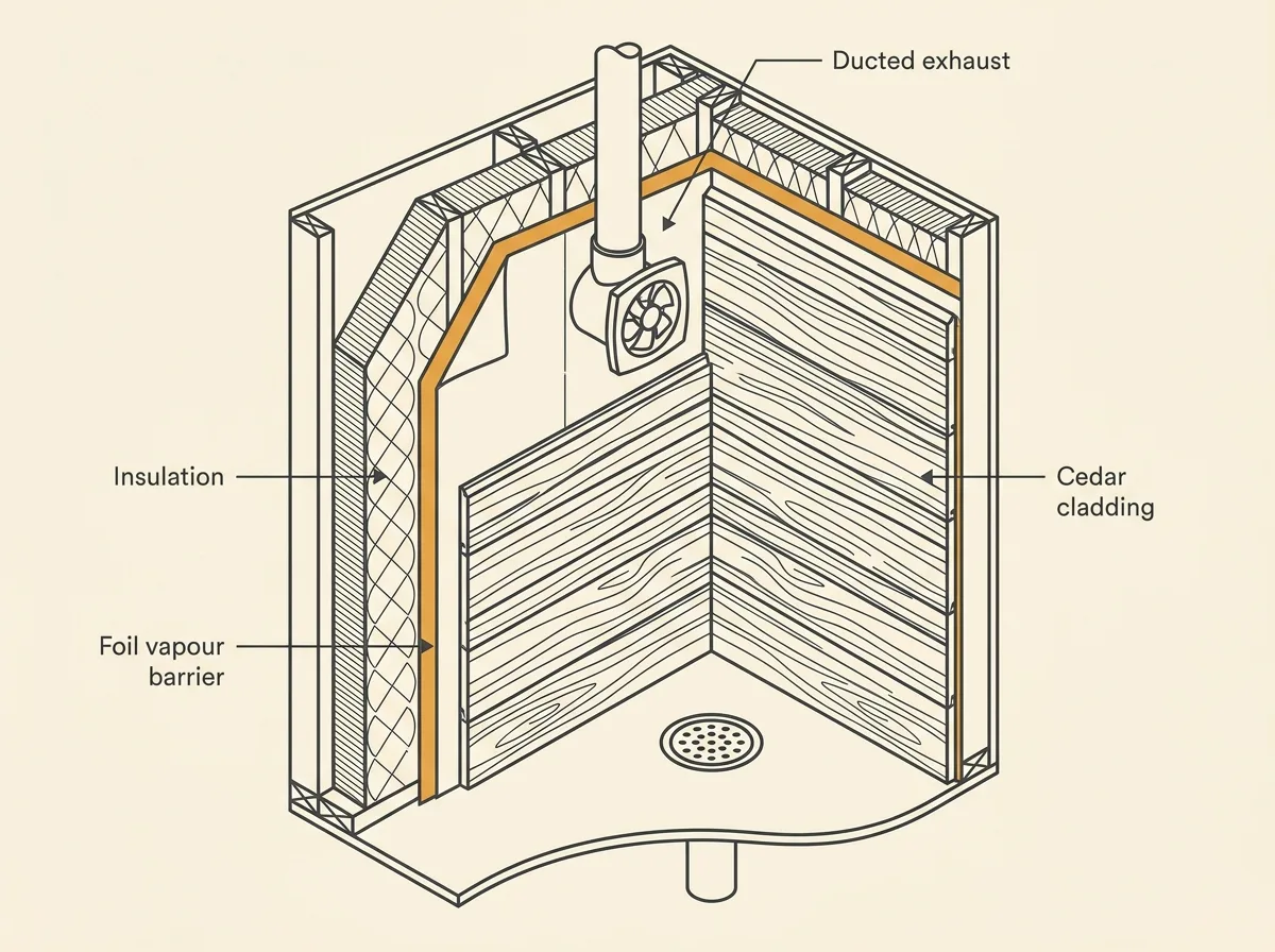 Cut-away of a traditional sauna wall build showing foil vapour barrier, insulation, cedar cladding and a ducted exhaust fan, beside a plain plug-in cabin