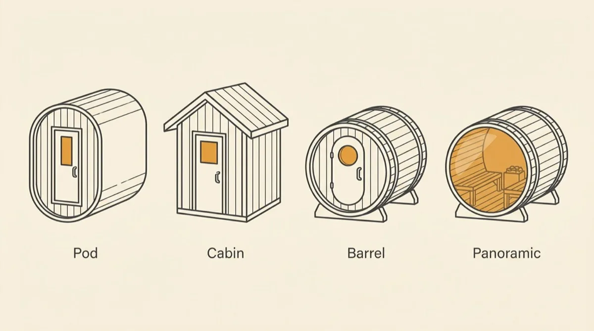 Line drawings of four outdoor sauna shells side by side: a pod, a cabin, a plain barrel and a panoramic barrel with a glazed end wall