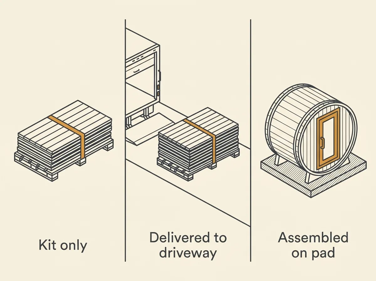 Diagram contrasting three quoting bases: the shell alone, the shell delivered to a driveway, and the shell standing assembled on a prepared pad
