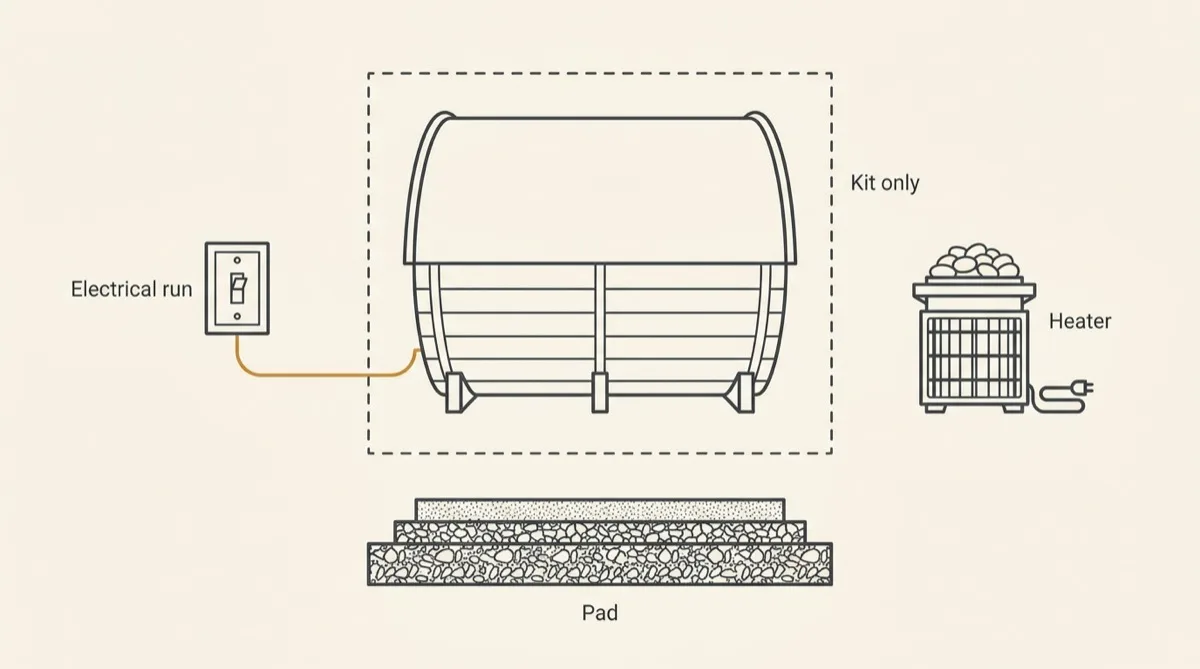 Diagram of a barrel sauna kit inside a dashed boundary, with the gravel pad, the electrical run and the heater drawn outside it