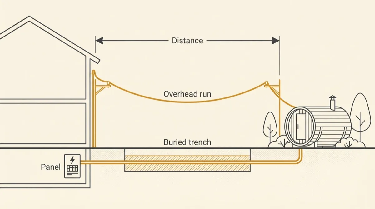 Site diagram showing a house electrical panel and a cable route across a back garden to a detached sauna, drawn as an overhead run and a buried trench
