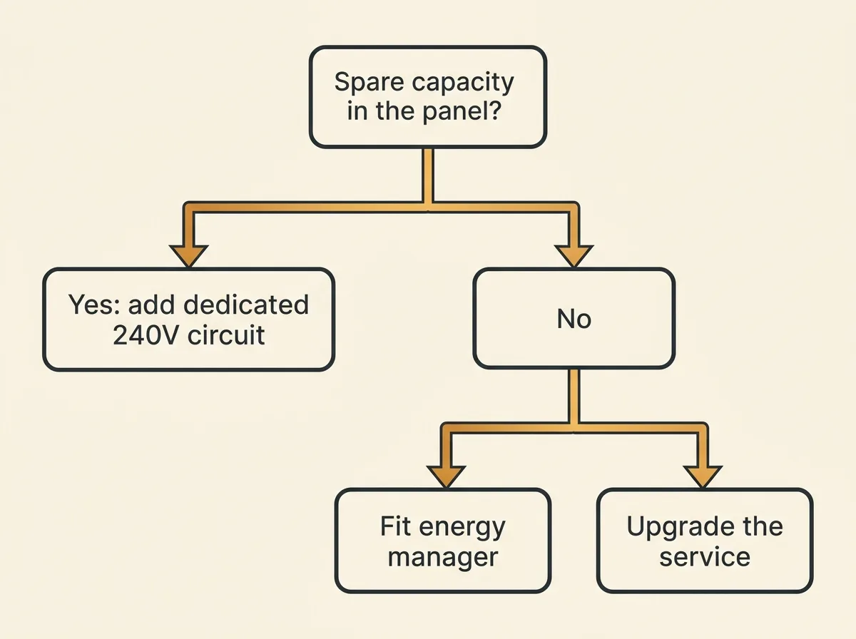 Flowchart asking whether the existing electrical panel has spare capacity, branching to a dedicated circuit, an energy manager or a service upgrade