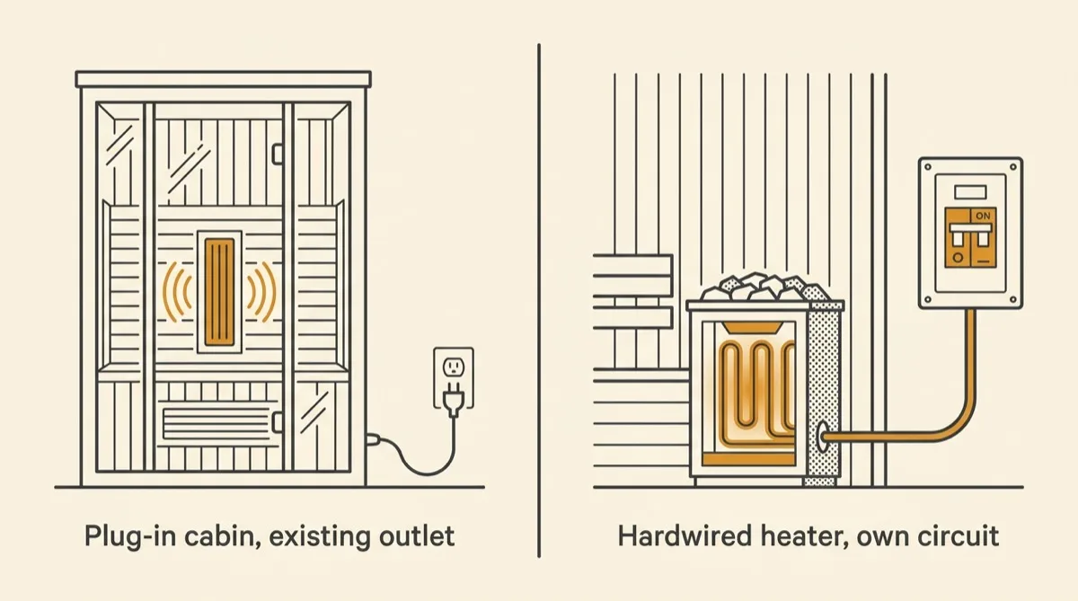 Side by side comparison of a plug-in infrared cabin on an existing outlet and a traditional sauna heater on a hardwired 240 volt circuit