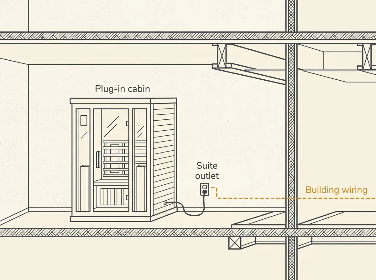 A plug-in infrared cabin inside a condo suite, plugged into the suite's wall outlet, with the building wiring behind the wall shown as out of the owner's hands