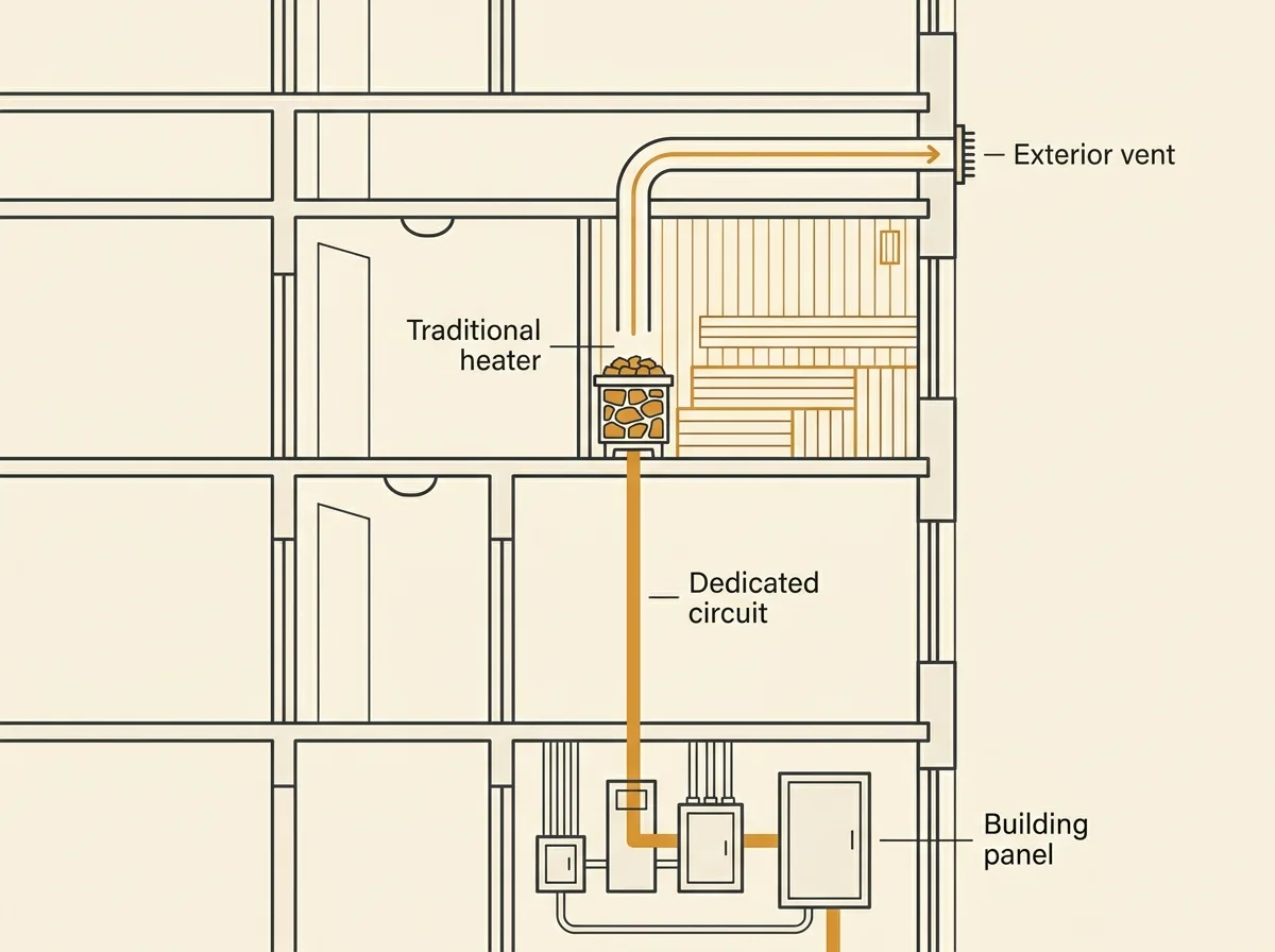 Cross-section of a condo tower showing a traditional sauna heater in one suite that would need a dedicated circuit from the building panel and a vent through the outside wall