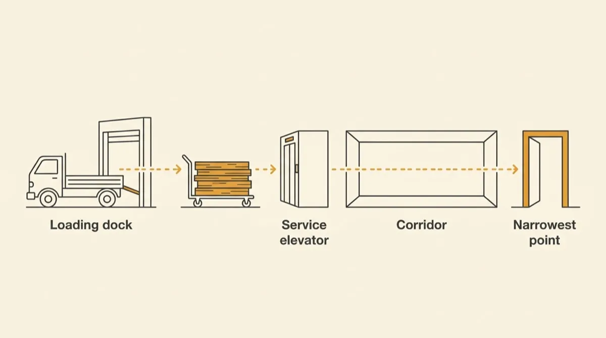 The delivery route for a flat-packed cabin from a loading dock through a service elevator and corridor to the suite door