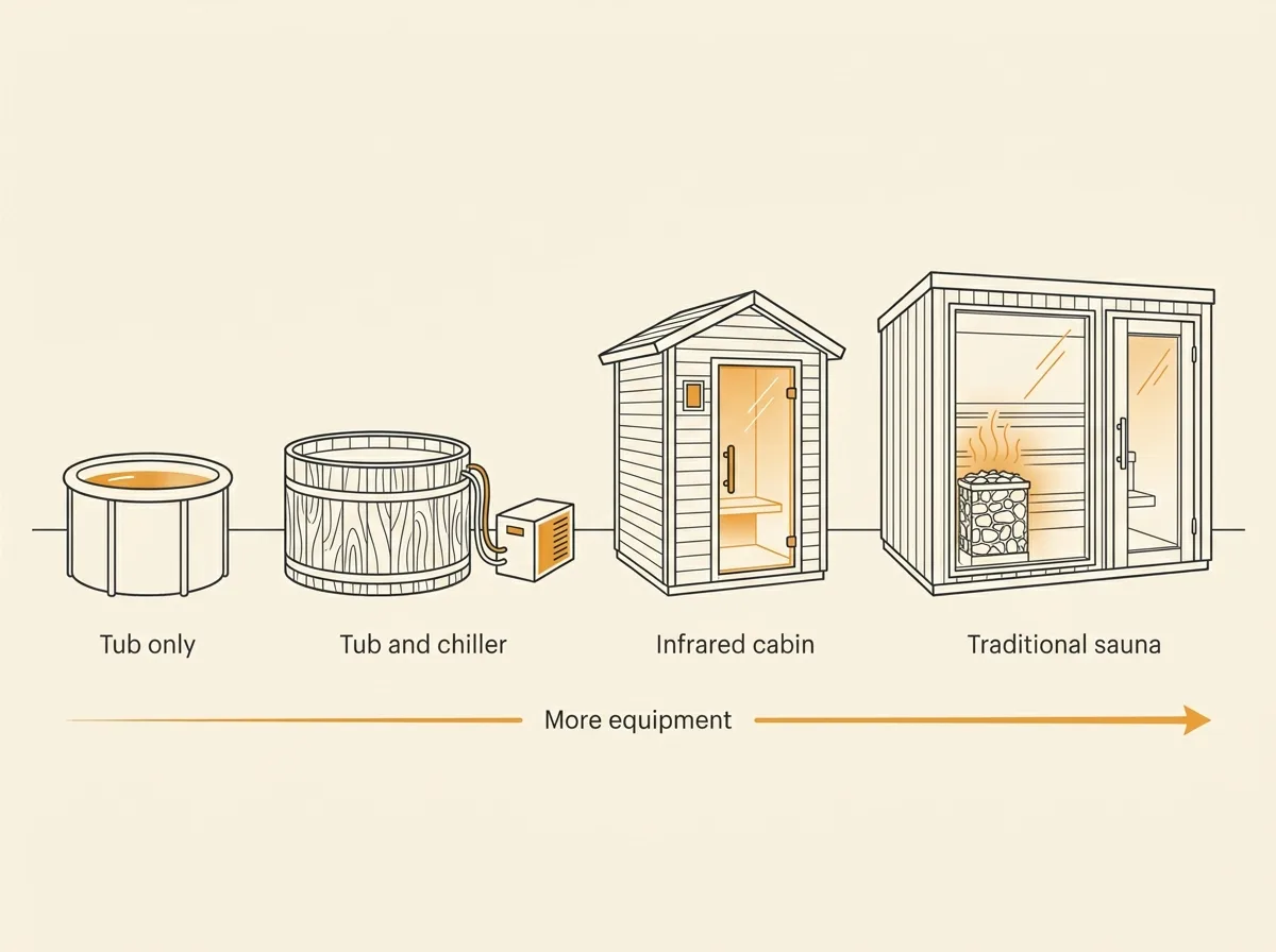 A simple portable plunge tub, a cedar tub with a separate chiller, a small infrared cabin and a traditional sauna room, arranged from the least to the most equipment
