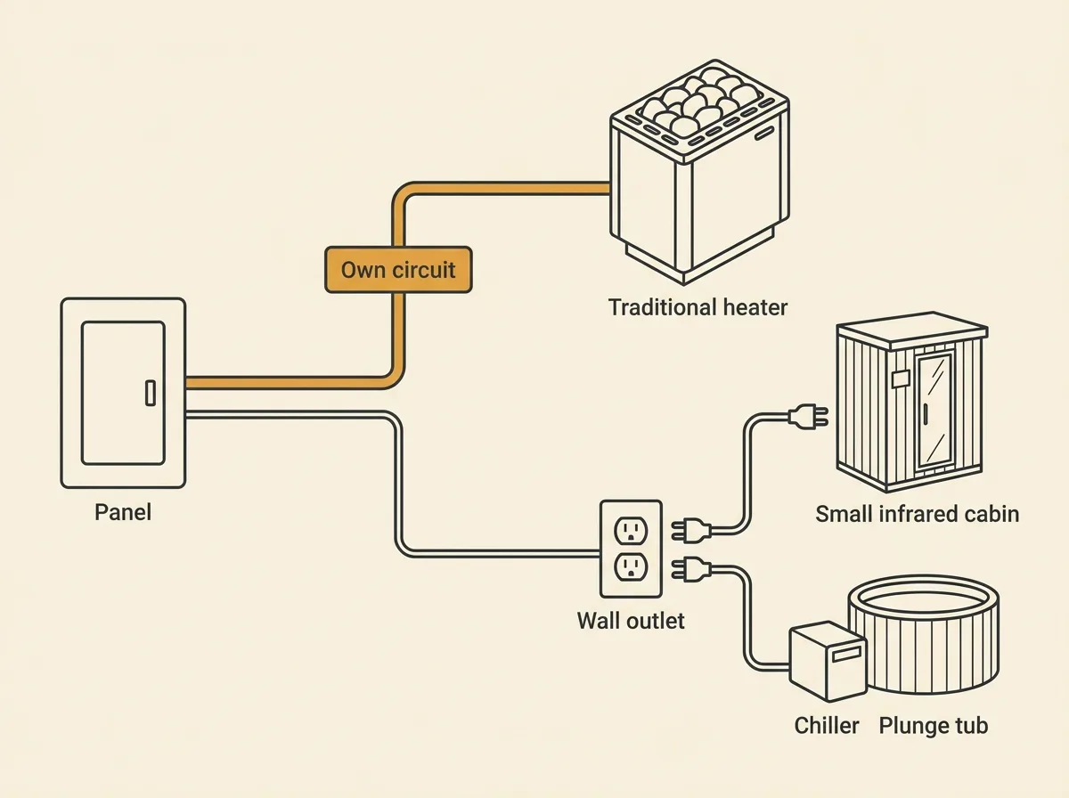 A house electrical panel with a heavy dedicated line running to a traditional sauna heater and a light line running to a wall outlet that powers a plunge chiller and a small infrared cabin