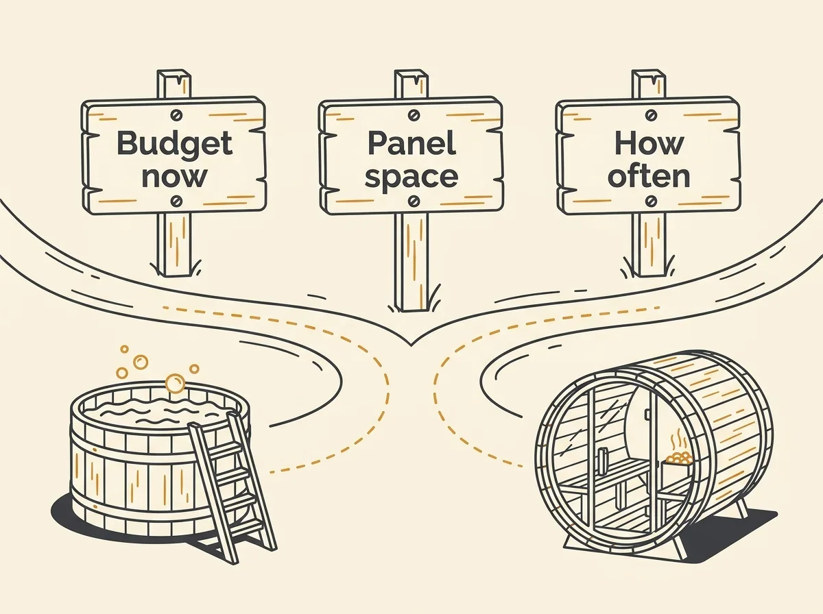 Three questions to ask before choosing, shown as signposts: budget now, room in the electrical panel, and how often it will be used
