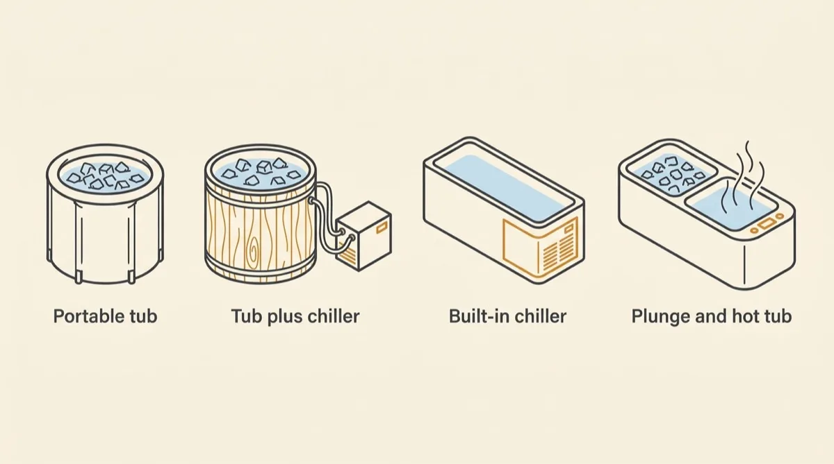 Four cold plunge types in a row: a portable soft tub, a cedar tub with a separate chiller box, a moulded tub with its chiller built in, and a combined plunge and hot tub