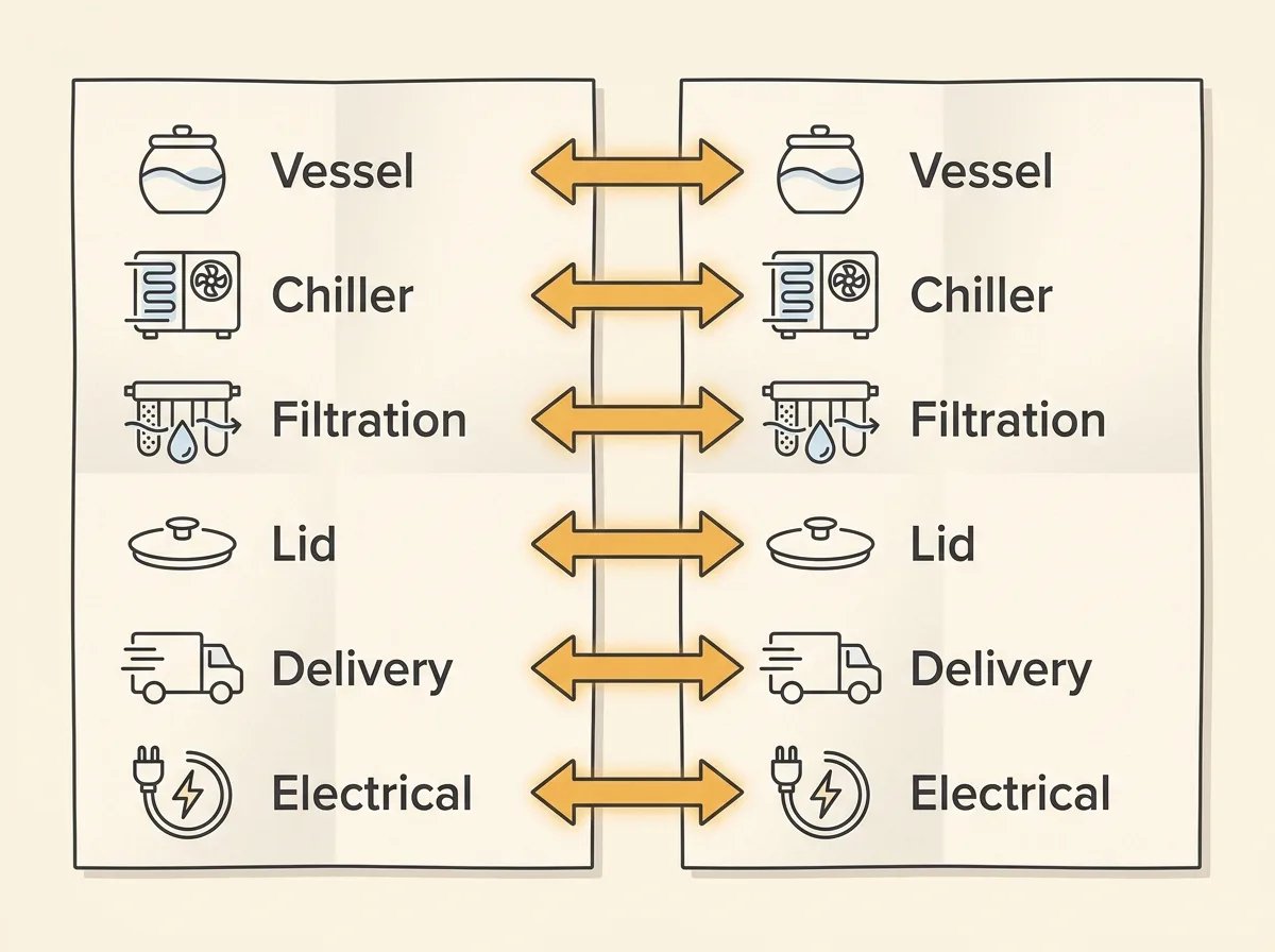 Two quote sheets side by side, each broken into the same lines: vessel, chiller, filtration, lid, delivery and electrical